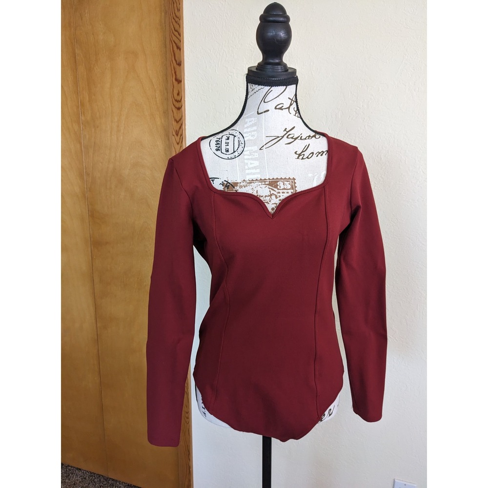 Abercrombie & Fitch Sweetheart Neckline Long Sleeve Bodysuit Burgundy Red Large